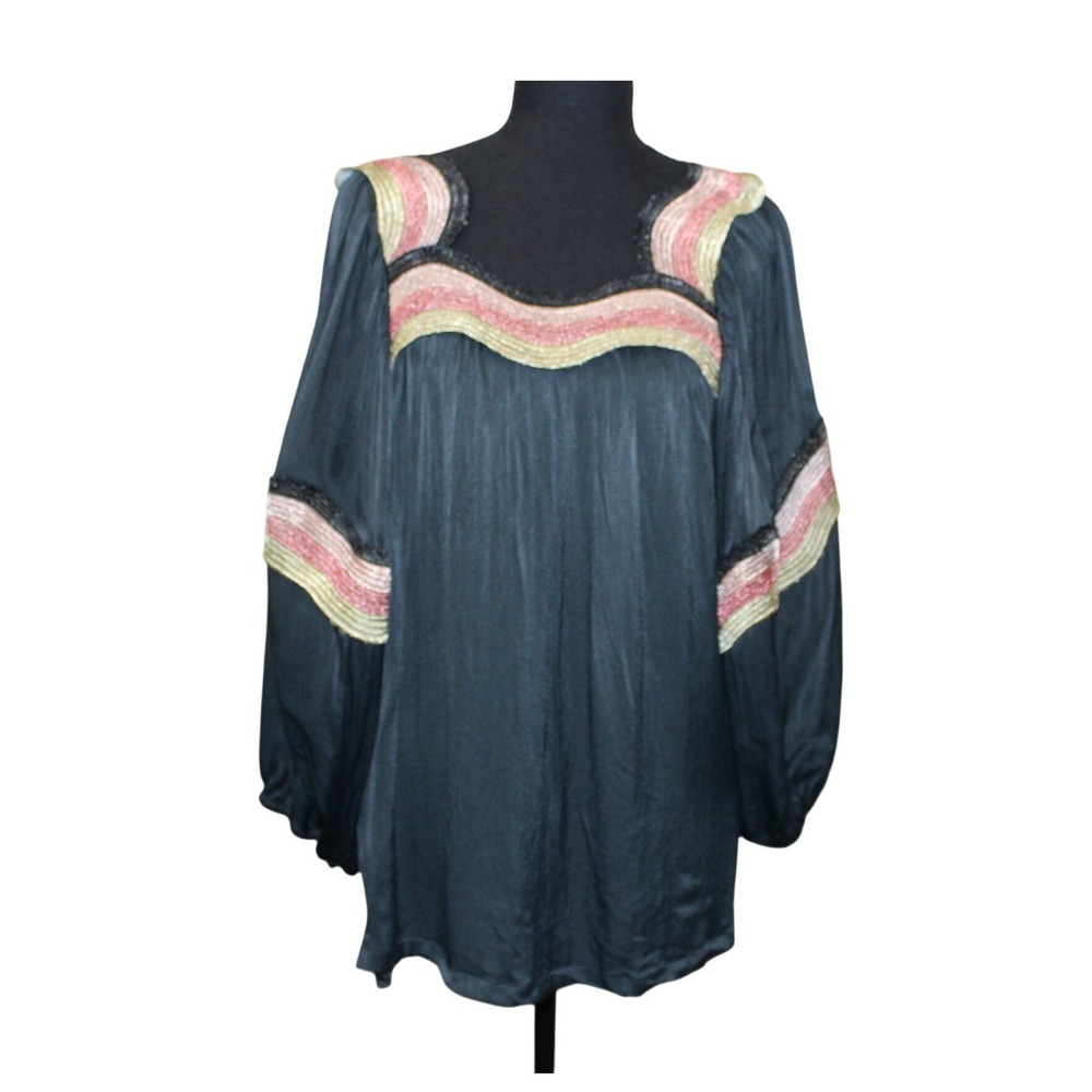 Anthro Corey Lynn Calter Blouse Large Black‎ Metallic Trim Boho Balloon Sleeve